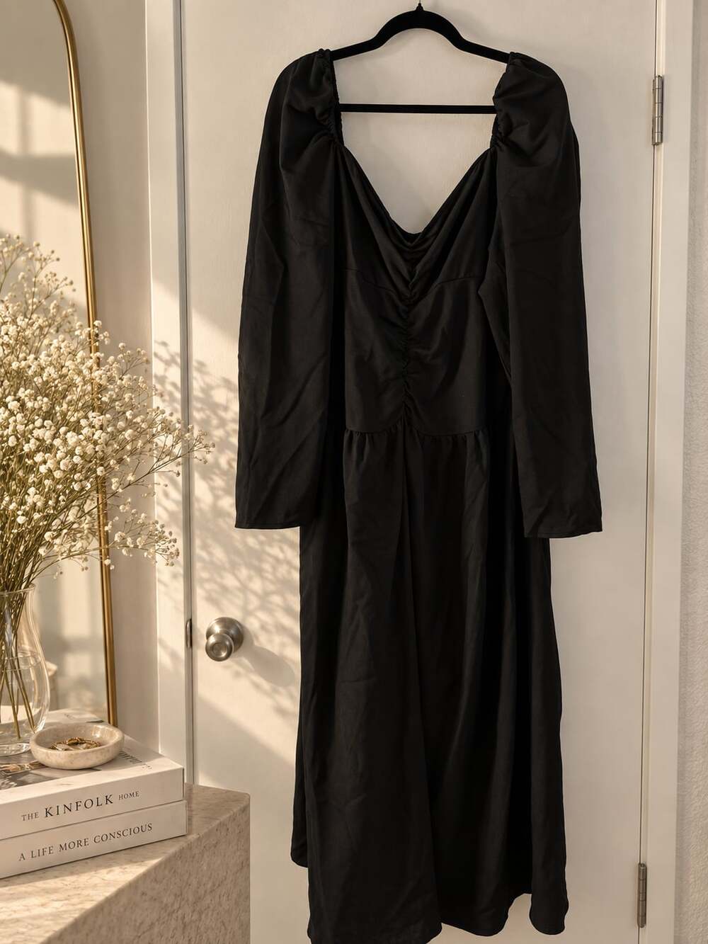Shein Curve Black Ruched Puff Sleeve Midi Dress Size 4XL